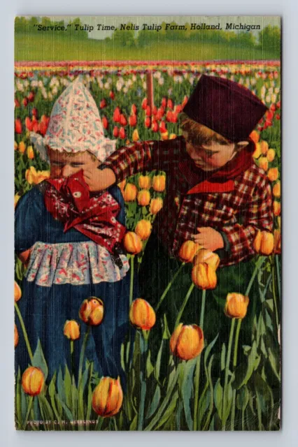 Holland MI-Michigan, Nelis Tulip Farm, Children in Field, Vintage c1956 Postcard
