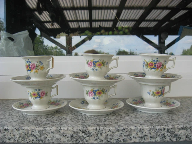6 TASSES MOKA Porcelaine LIMOGES BOUQUET FLEURS