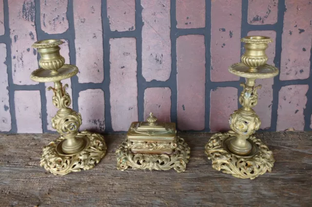 antique pair ornate brass candlesticks matching footed matchbox candle holder