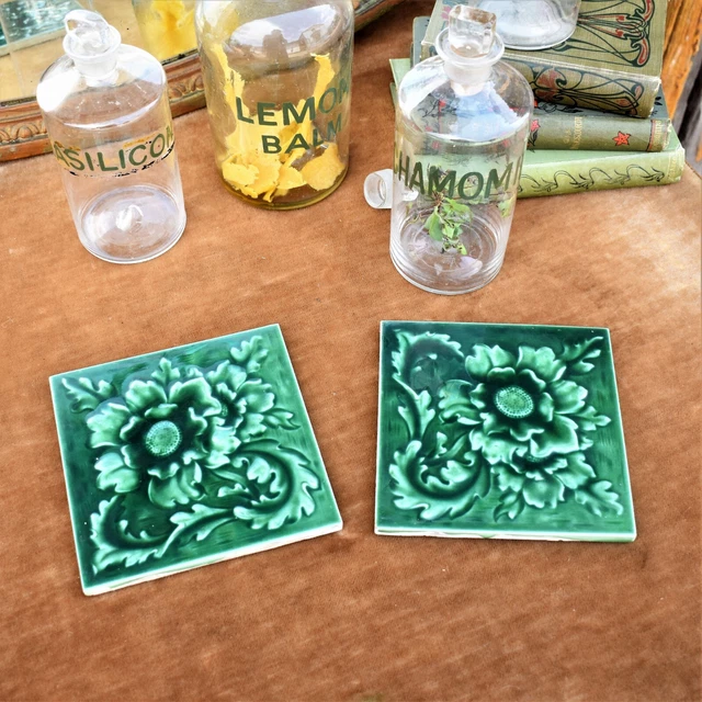 Antique Majolica Moulded Relief Green Flowers Tiles H & R Johnson Set of 2