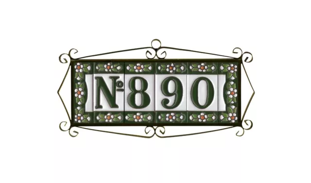 7.5 x 3.5cm Spanish Ceramic Green Floral Number Address Tiles & Metal Frames