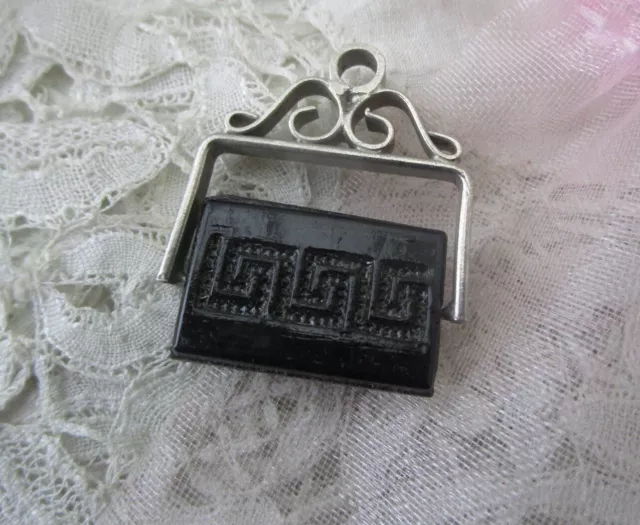 Antique Art Deco Black Czech Art Glass Greek Key Design Fob Pendant Necklace