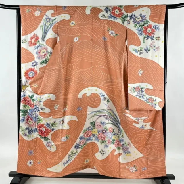 Japanese Kimono Furisode Pure Silk One Crest Flowers Running Water Pink Beige