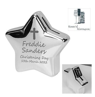 Personalised Silver Plated Star Money Box Engraved Christening Baby Gift