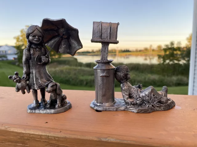 Set Of 2 RB Pewter M.A. Michael Ricker Girl•Dog•Umbrella•Bear + Boy•Mailbox