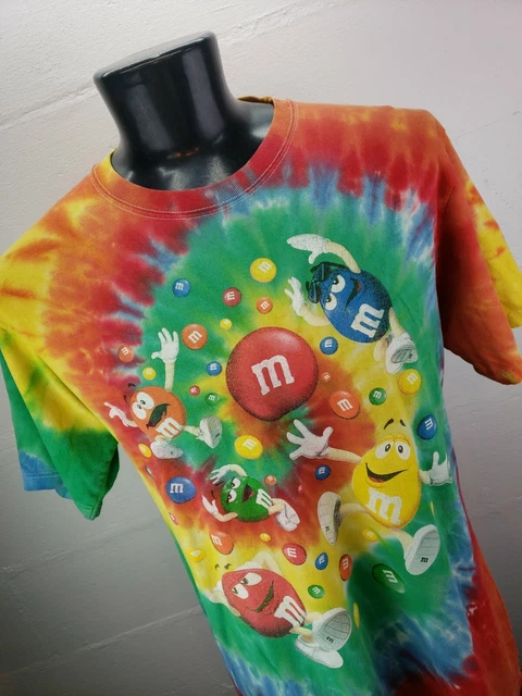 Vintage 90s M&M's Shirt Large L  AOP Tie Dye Short Sleeve Cracked Faded BRIGHT!