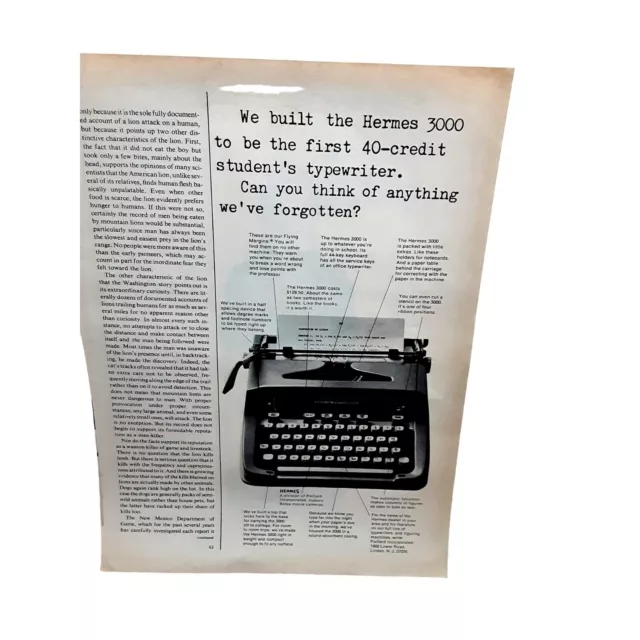 1967 Hermes 3000 Typewriter vintage Original ad
