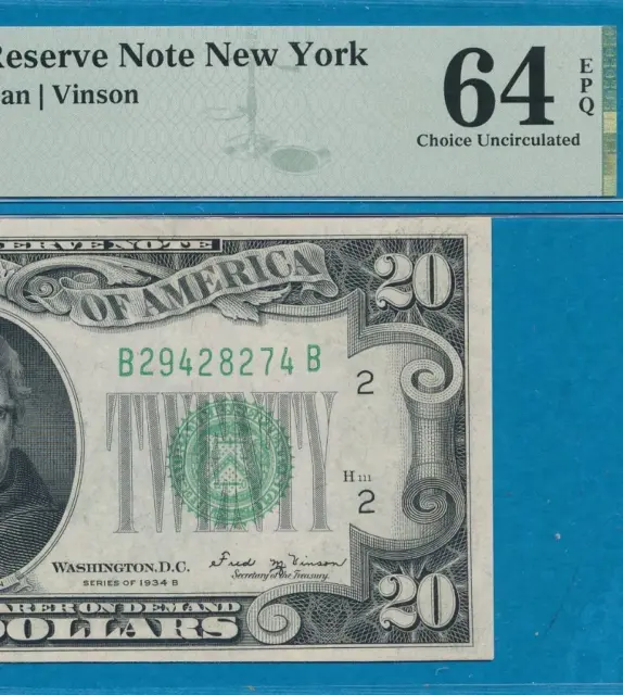 $20. 1934-B  New York Green Seal  Federal Reserve Note  Beautiful Pmg64Epq