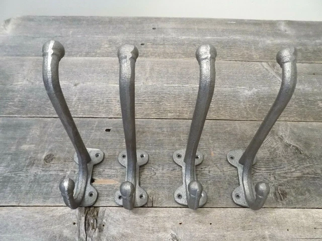 4 Large Harness Hooks Rack Coat Hat Wall Cast Iron Barn Heavy Duty 7 1/2" Long