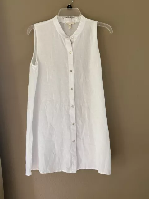 Eileen Fisher  White Linen Sleeveless Button-Up Tunic Top Blouse SZ XS