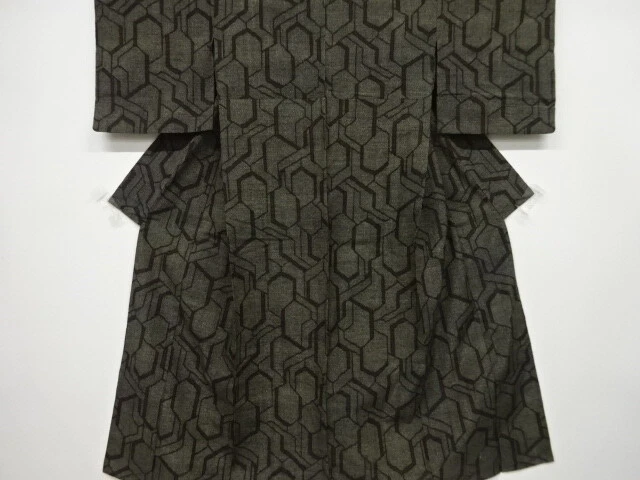 6285283: Japanese Kimono / Antique Hitoe Kimono / Tsumugi / Woven Geometric Patt