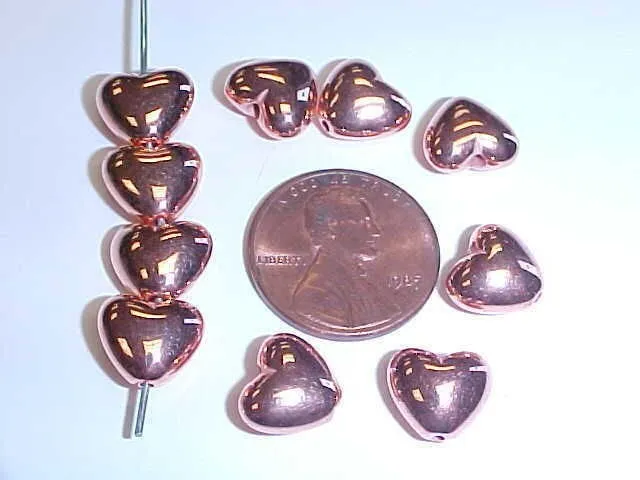 24 VINTAGE COPPER COATED ACRYLIC PUFFED HEART 10mm. SMOOTH BEADS 2435
