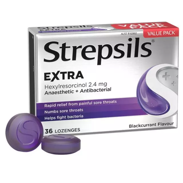 Strepsils Extra Blackcurrant Fast Numbing Sore Throat Pain Relief with Anaest...