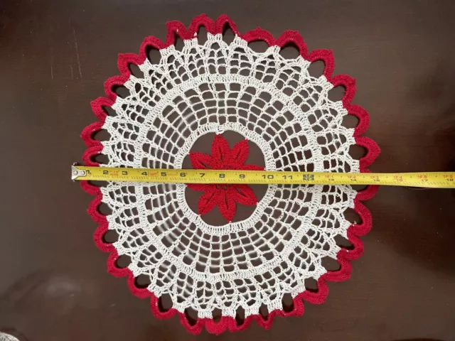 New Hand Crocheted Doilies - red White large Doilie 15” Round Valentine’s Doilie 2