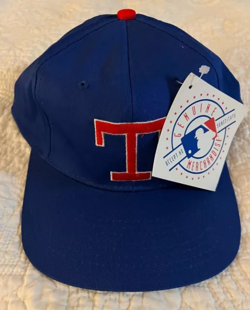 Vintage MLB Texas Rangers Snapback Hat Blue Genuine Merchandise 1990s with tag