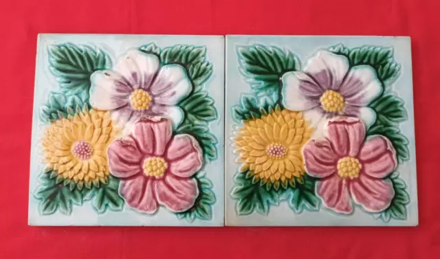 2 Piece Old Art Embossed Flower Design Majolica Ceramic Tiles Japan 0074