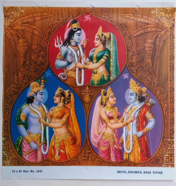 India Vintage Mythological Hindu Gods Print-Shiva Krishna Ram Vivha 15X15 #B-236