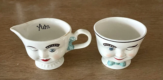 Vintage 1996 Baileys Irish Cream Winking Face Yum Creamer and Sugar Bowl or Mug