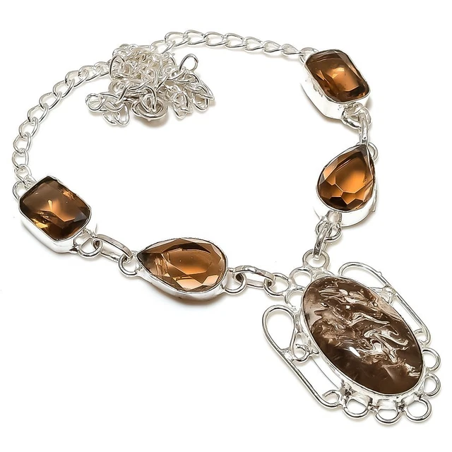 Mud Crack Fossil, Smoky Topaz 925 Sterling Silver Jewelry Necklace 18"