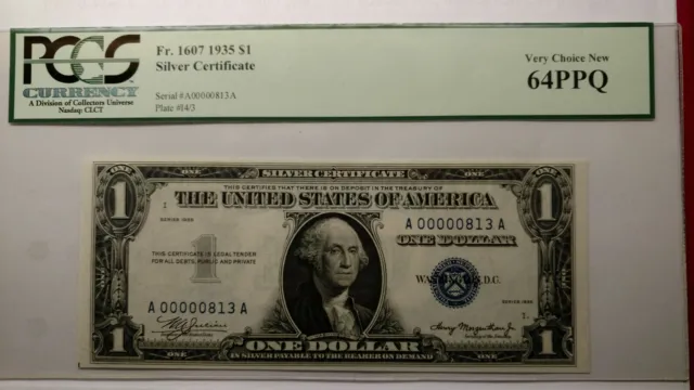 Fr. 1607 1935 $1 SILVER CERTIFICATE VERY CHOICE NEW PCGS 64PPQ No MOTTO LOW #.