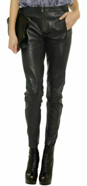 Leather Trousers Moto Women's Pant BLACK Biker High Waist 100% Genuine Lambskin