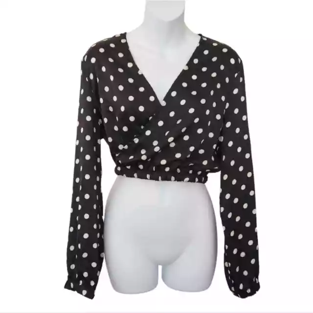 MISSGUIDED Black and White Polka Dots Satin Wrap Over Crop Top Size 6 NWT
