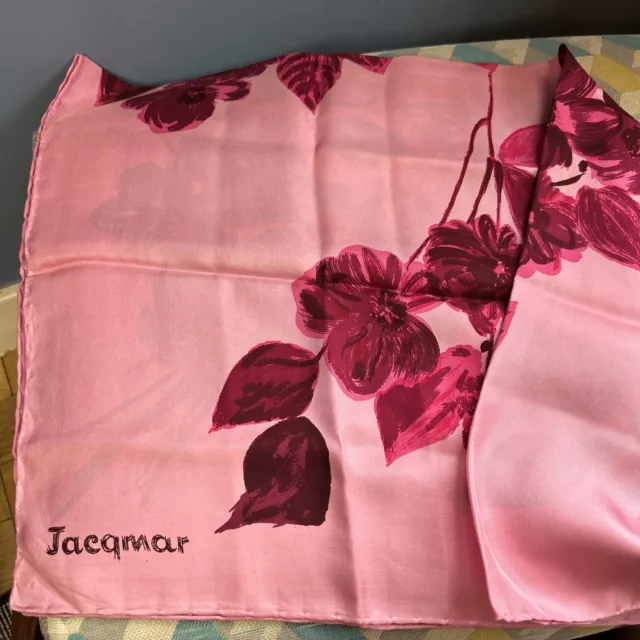 JACQMAR Vintage Silk Twill Floral Scarf Hand Rolled Hems Cerise New