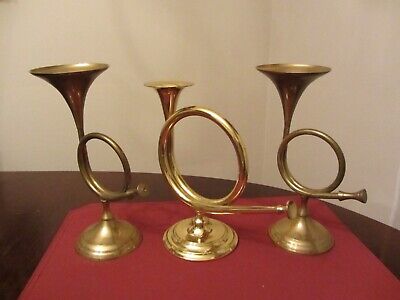 Vintage Brass LOT OF 3 French Horn Candlestick Holders