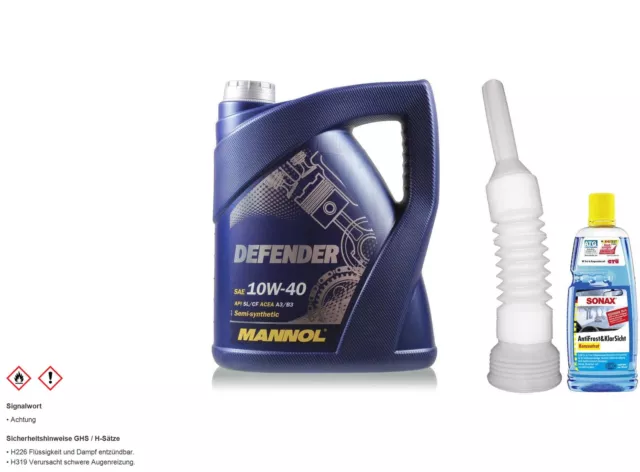 5L MANNOL Defender 10W-40 API SL/CF Motoröl inkl. Schlauch + Scheibenreiniger