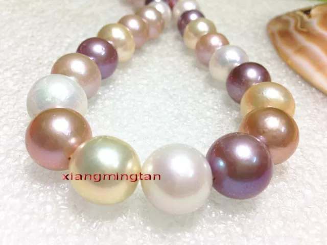 RARE big 17"15mm real south sea white purple pink multicolor pearl necklace 14K