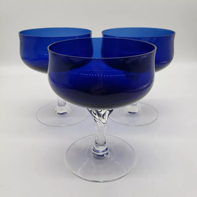 Vintage Cornation Colbalt Blue by Sasaki Set of 3 Champagne Tall Sherbet Glasses