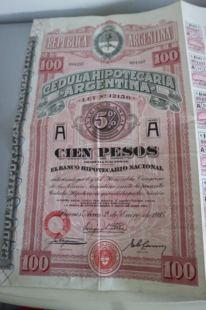 Action emprunt obligation titre CEDULA HIPOTECARIA ARGENTINA  1935 avec coupons