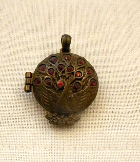 Vintage Brass Finish. 17- Red Stones, Floral Peacock Locket !!!!