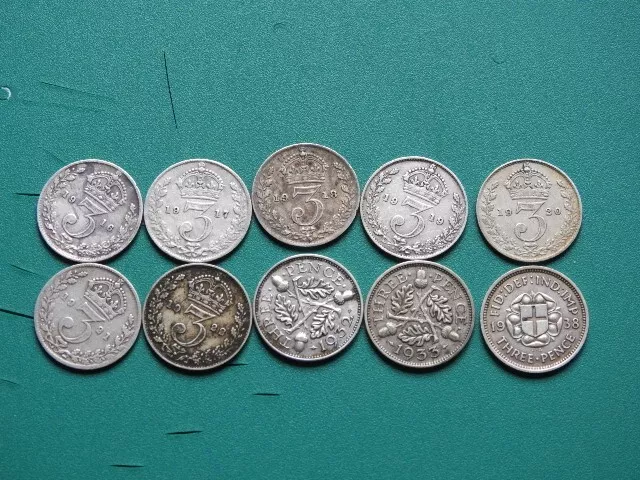 SILVER 3d THREE PENCE COINS (10) 1916, 17 ,18 ,19 ,20 ,21 ,22,31 ,32 ,33   ref B