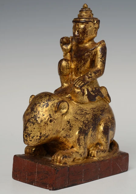 19th Century, Mandalay, Antique Burmese Wooden Angel Riding Mouse
