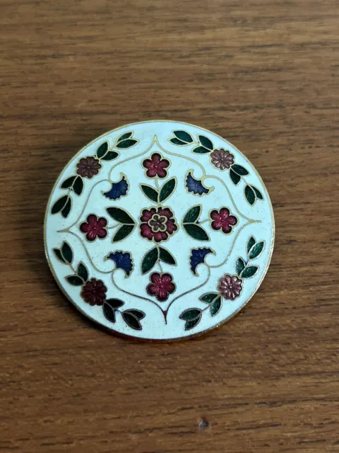 Vintage Crown Fish Branded Cloisonné Enamel White Brooch with red flower