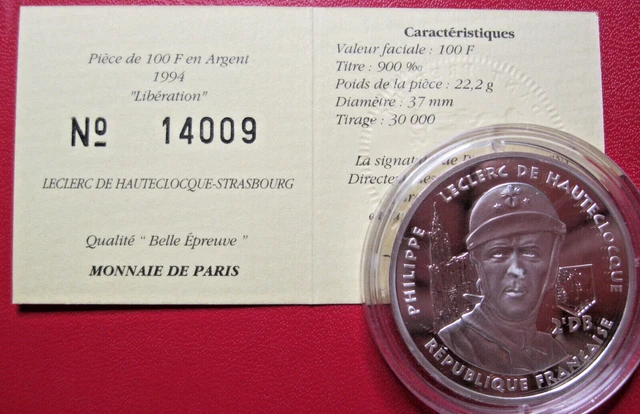 France. 100 Francs BE Libération 1994. Génral Leclerc de Hautecloque.  FDC