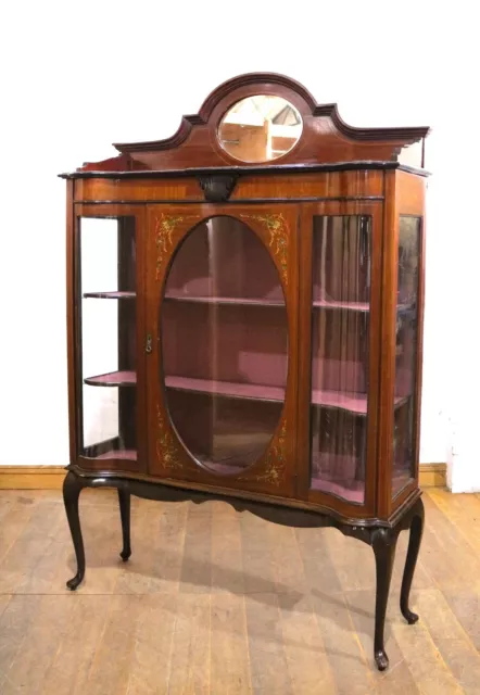 Large antique inlaid mahogany bow front display cabinet