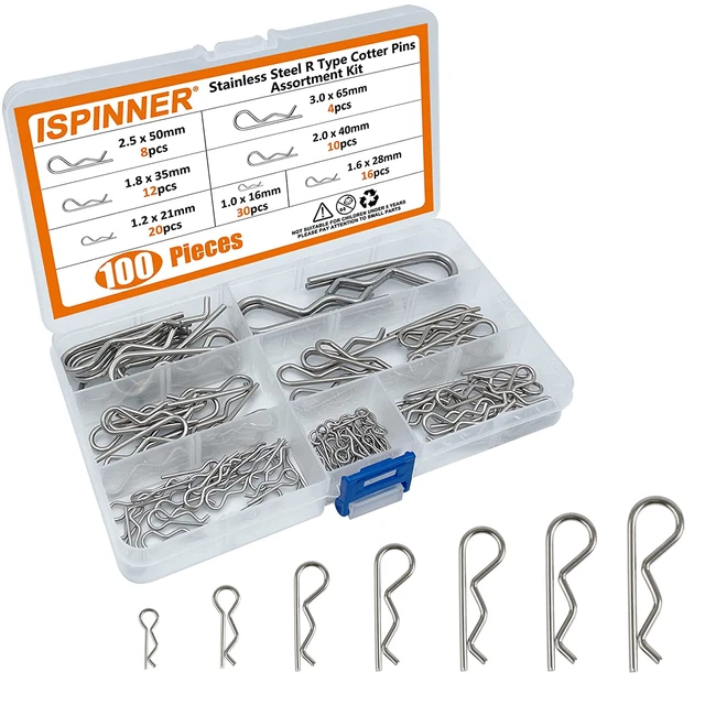 ISPINNER 100Pcs 304 Stainless Steel Cotter Pins Assortment Kit, 7 Sizes R Clips