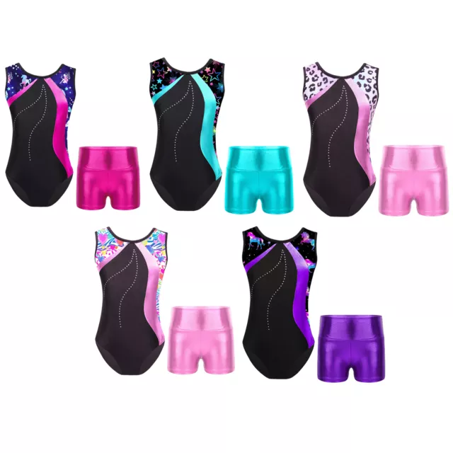 Girls Gymnastics Leotard with Shorts Set Dance Ballet Unitard 2Pcs Sport Outfit