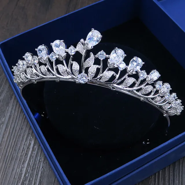 Luxury All CZ Cubic Zirconia Drip Leaf Queen Wedding Party Princess Tiara Crown