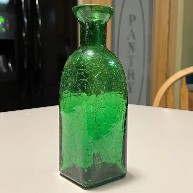 Vintage Emerald Green Crackle Glass Bottle / Vase 8” Tall Made In Taiwan