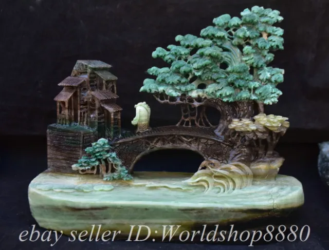 9.2" Chinese Natural Dushan Jade Carved Mountain Tree House Bridge Figure Statue