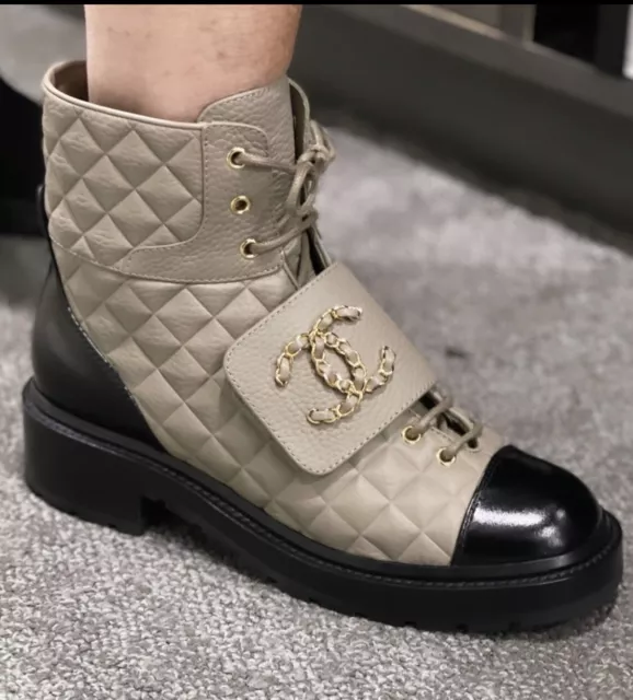 CHANEL CC BLACK Brave Leather Combat motto quilted Boots £2,214.04