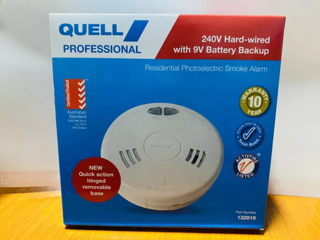 2 x Quell Photoelectric Smoke Alarm 240V, new safety compliant 9V BACKUP Q1300