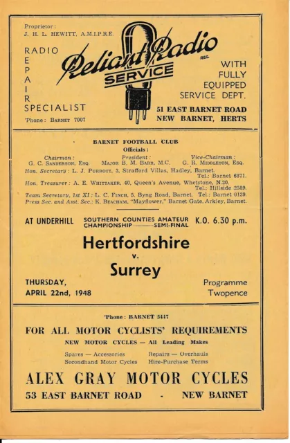 BARNET - Hertfordshire v Surrey Southern Counties Amateur Championship 1947/1948