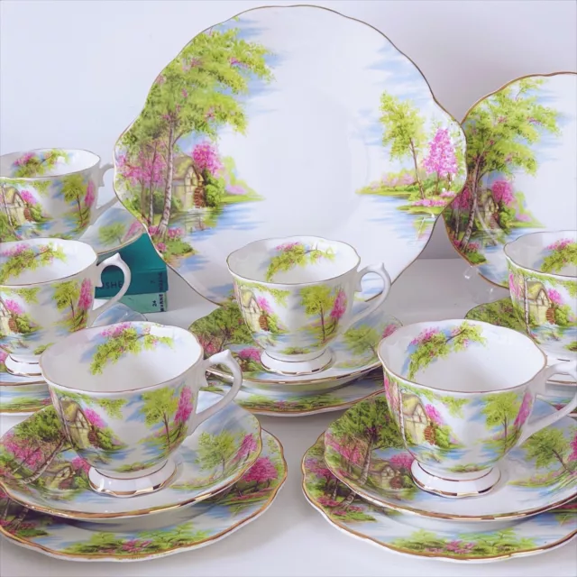 Royal Albert The Old Mill tea set for six, teacup trios and cake plate, pink