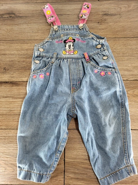 Baby Mickey&Co Girls Denim Overalls Romper Bib Size 12M Minnie Mickey Mouse Vtg
