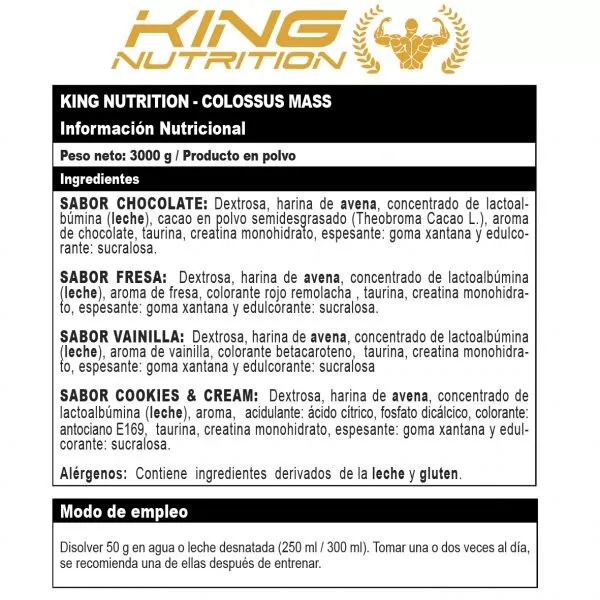 COLOSSUS MASSS KING NUTRITION Cookies and Cream 3Kg MASS GAINER con creatina 2