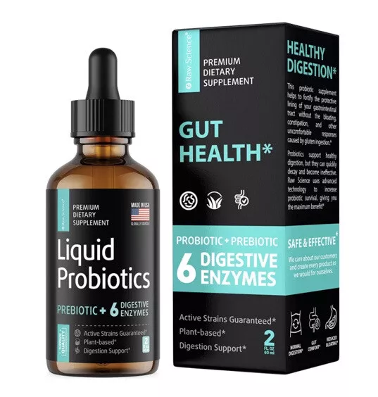 Liquid Probiotic Drops 5 Billion CFU Digestive Enzymes Gut Health Supplement 2oz
